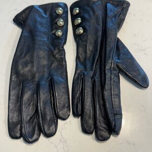 Michael Kors Black Leather Gloves with Silver Buttons
